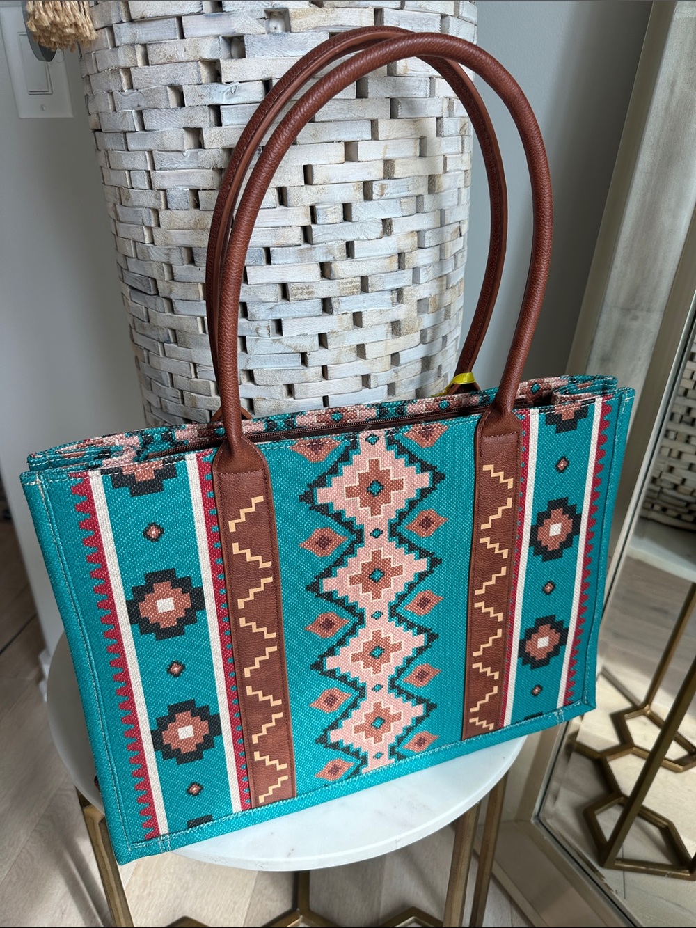 Wrangler Turquoise and Pink Southwestern Tote with Brown Handles - Picture 2 of 5